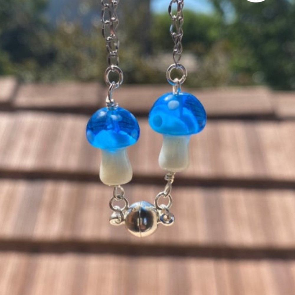 blue mushroom magnetic silver necklace couples
